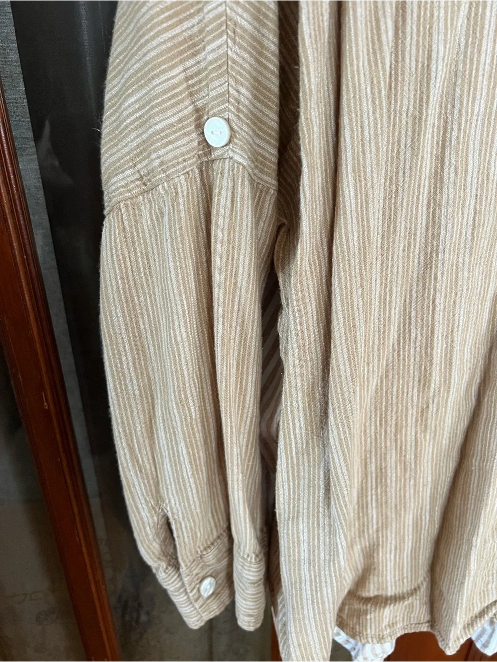 Oversized American Eagle Outfitters Two-Tone Beige Stripe Button-Up Shirt - Picture 4 of 12